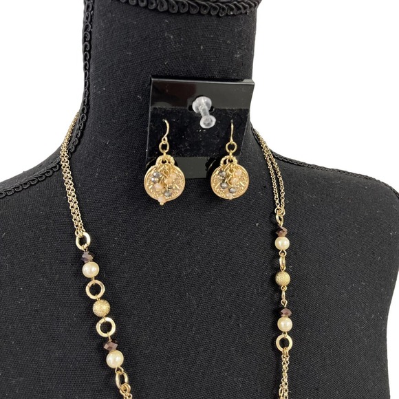 Artique Gold Pearl Necklace Earrings Set - Picture 2 of 4